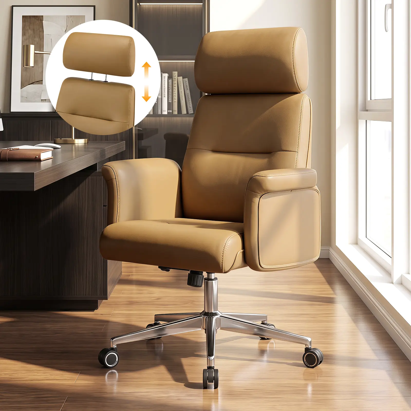 Ergonomic High Back Executive Leather Office Chair with Adjustable Headrest Tilt Lock Flip Armrest for Home Office Desk Comfort