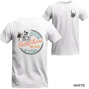 Surviving Fatherhood T-Shirt - Skeleton with Beer Graphic and One Beer at a Time Quote Perfect for Fathers with Humor, Cotton Material, Unisex Menswear Top