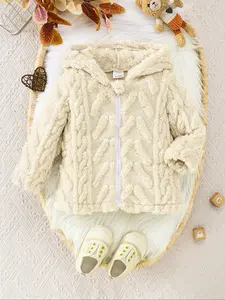 Light Hooded Fleece Texture Zipper Jacket, Warm and Cute, Suitable for Toddler Fall Winter Daily Wear, Casual Style