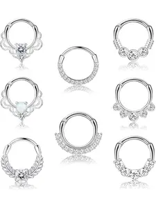 8PCS 16G Septum Clicker Ring Stainless Steel CZ Opal Cartilage Helix Tragus Hoop Daith Earrings Nose Rings Hoop Hinged Segment Clicker Ring Piercing Jewelry Helix Pierced Ring