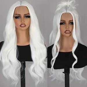 White Long Curly Wave Wig for Women 4*2 Lace Heat Resistant Fiber Hair Glueless White Hair Replacement Synthetic Wig for Daily Use and Cosplay Use 24 Inch