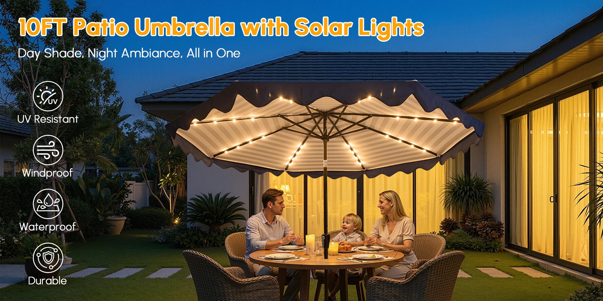 10Ft Classic MidCentury Scalloped Fringe Market Patio Umbrella with One Button Tilt, Handle Crank Solar powered Outdoor Parasols, Wind Vent and UV Protection for Garden Lofi Porch Pool, Premium