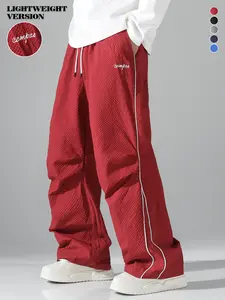 Men's Bubble Checkered Draped Wide Leg Pants Spring Summer New Streetwear Casual Red White Side Stripe Design Drawstring Waist Relaxed Fit 3D Textured Fabric Slimming Versatile Length Couple Daily Comfortable