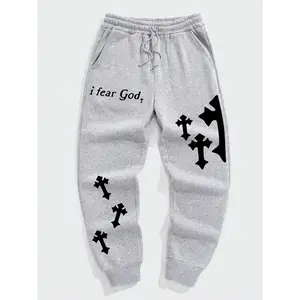 Letter Cross Print Jogger Pants Drawstring Waist Sweatpants with Pockets