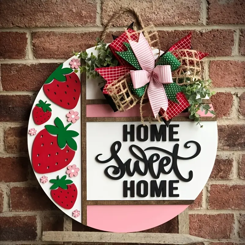 3D Home Sweet Home Wooden Door Hanger, Strawberry Farmhouse Front Door Decor with Bow, Round Welcome Porch Sign for Spring & Summer Home
