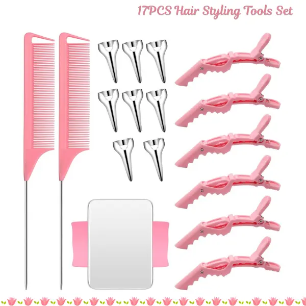 17PCS Hair Styling Tools Set for Braiding, Sectioning Rings, Rat Tail Combs, Hair Clips & Wrist Pin Holder, Professional Hair Braiding Accessories Kit Pink