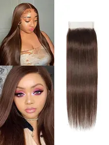#4 Brown ClosureTransparent Lace Front Chocolate Brown HD Lace Closure Straight 4 By 4 Pre Plucked Baby Hair High Density Unprocessed Brazilian Virgin Human Hair For Women