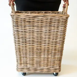 Rattan Square Storage Basket on Wheels