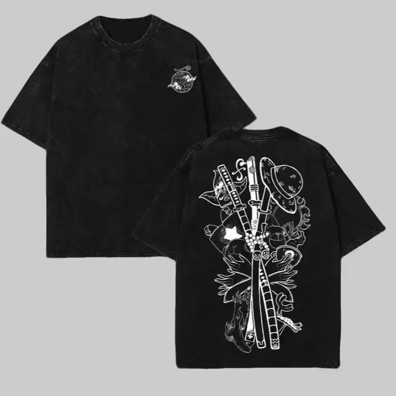 Menswear Short-Sleeve Oversized Vintage Washed Heavyweight Cotton Luffy Graphic T-Shirt - Anime Japanese Manga Pirate King Tops, Unisex Harajuku Y2K Samurai Sword Streetwear Summer Fashion Gift