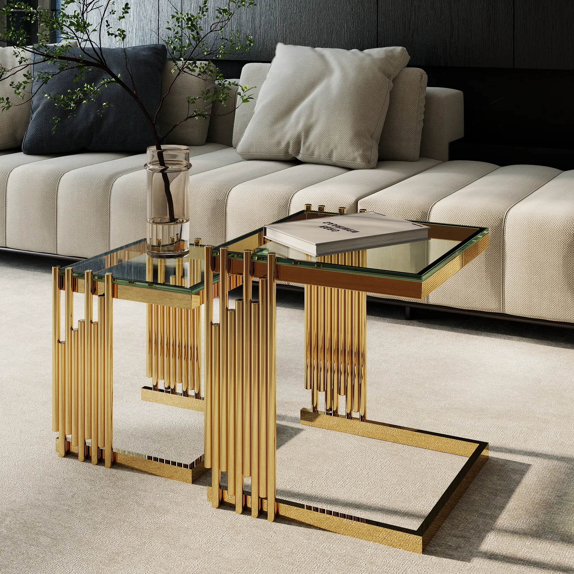 SummerSales Modern 2-Piece Nesting Coffee Table Set with Tempered Glass Tops and Mirror-Finish Gold Stainless Steel Frames for the Living Room