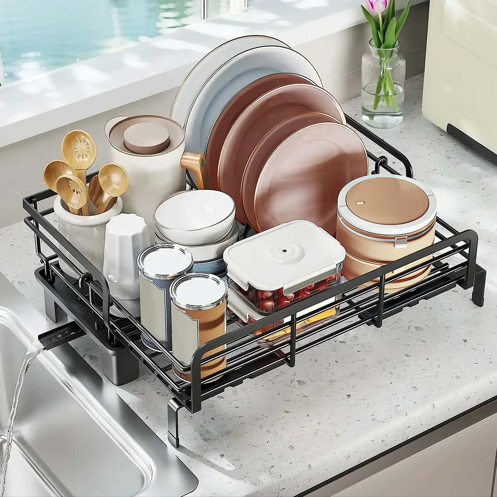 Extendable Dish Rack with Drainboard, Dish Drying Rack, Multi-Functional Adjustable Dish Dryer Drainer, V-Shaped Card Slot, Stainless Steel Kitchen Dish Drainer for Sink, Black