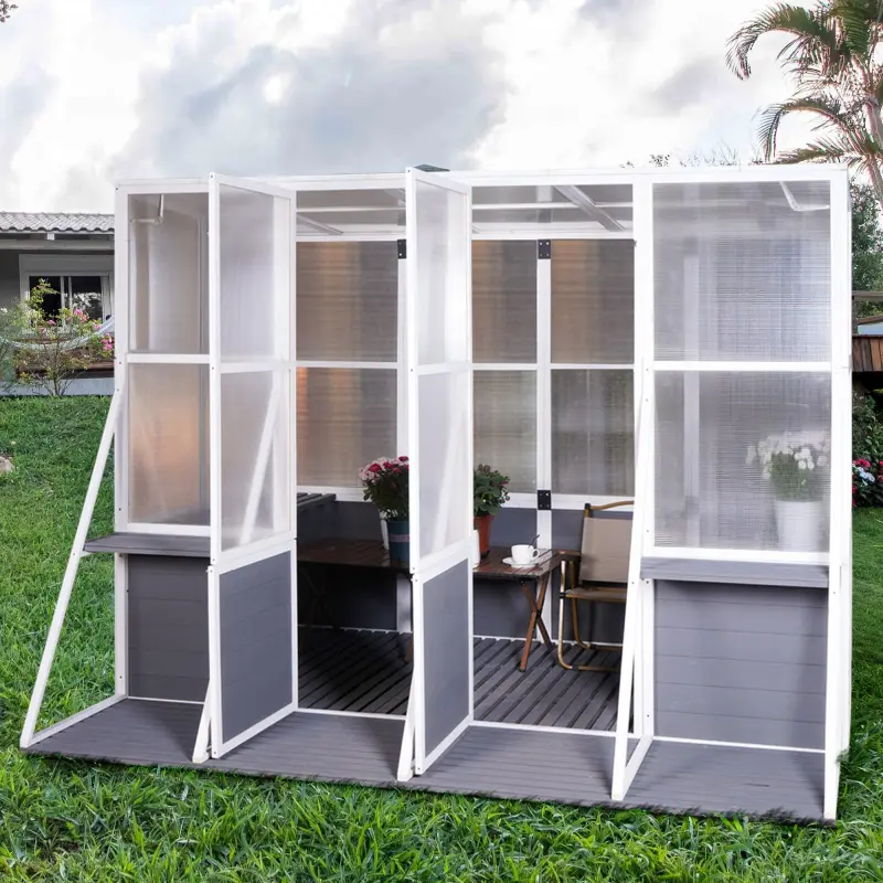 Heavy-Duty Wooden Slanted Roof Polycarbonate Greenhouse - Walk-In Outdoor Wind-Resistant Structure with Triangular Support, 103x98x77" Sunlight Filter Garden Winter Hot House & Storage Solution, 103.94''L X 98.43''W X 77.56''H, Extend Flowering Period, Gr