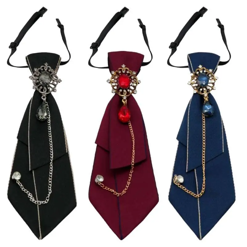 3 PCS Rhinestone Womens Tie Pre-Tied Neck Tie Adjustable Crystal Bowtie with Metal Chain for School Party Work Prom