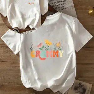 Large size women's flower "GRAMMY" letter printed T-shirt -180g double-sided casual summer round neck short sleeve top, mother's day gift, daily comfort women's casual clothing machine washable shirt