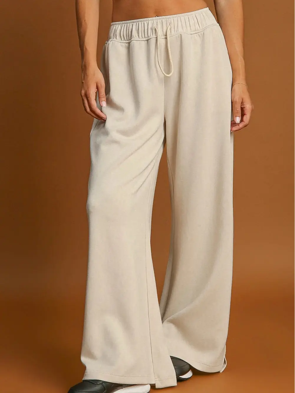Women's Cozy Casual Solid Apricot Wide Leg Pants Fall Winter Elastic Drawstring Daily Trousers Pockets