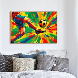 Wall Art Painting  Vibrant Soccer Player Action Art Canvas Print Poster Living Room Bedroom Home Office Match Party Sports Decor, with Wooden Floating Frame Size 24X18inch