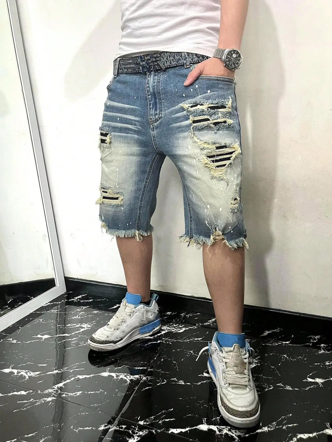 Splatter Print Denim Shorts, Loose Fit Unstitched Edge Jeans, Cotton Mid-Length Pocketed Shorts, Streetwear Y2K Fashion Summer Wear