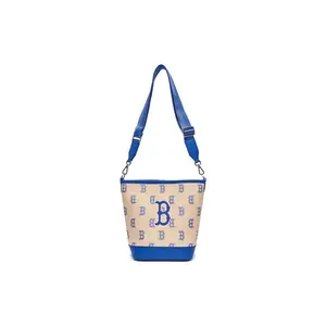 Women's MLB Boston Red Sox SS23 Logo Print Vintage-Style Adjustable Shoulder Strap Blue & Beige Bucket Bag, Crossbody Purse