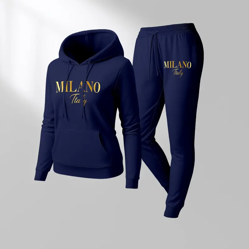 Women's MILANO Print Hoodie & Jogger Set, Long Sleeve Hooded Sweatshirt & Drawstring Pants, Fall/Winter Casual Sportswear, Comfortable Activewear for Everyday Wear Sweatsuit Set Outfit Sports Suit Tracksuits