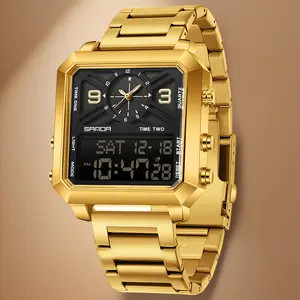 Men's square multifunctional dual screen watch with 3 time zones, stopwatch, alarm clock, countdown and other functions, 30MW waterproof and night light, multiple styles suitable for sports, business and daily wear