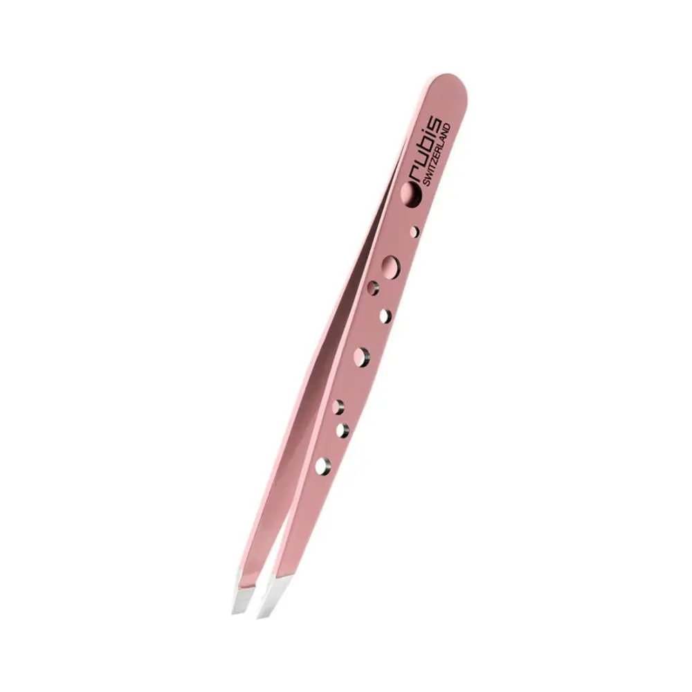 Rubis Switzerland Classic Slant Makeup Tweezers - Swiss-Made Surgical Stainless Steel Tool, Precision Grip, Hand Finish, Long-Lasting, Lifetime Guarantee, Pink Microfinish Slant Tip for Eyebrow Grooming