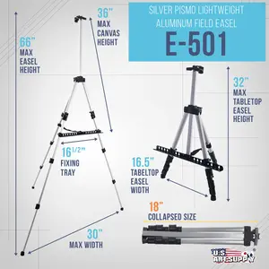 U.S. Art Supply 66" Silver Metal Tripod Easel Display - Adjustable 18"- 5.5', Holds 36" Canvas - Floor/Tabletop Easel Stand, For Sign Display, Painting, Poster Board, Canvas - Portable Bag