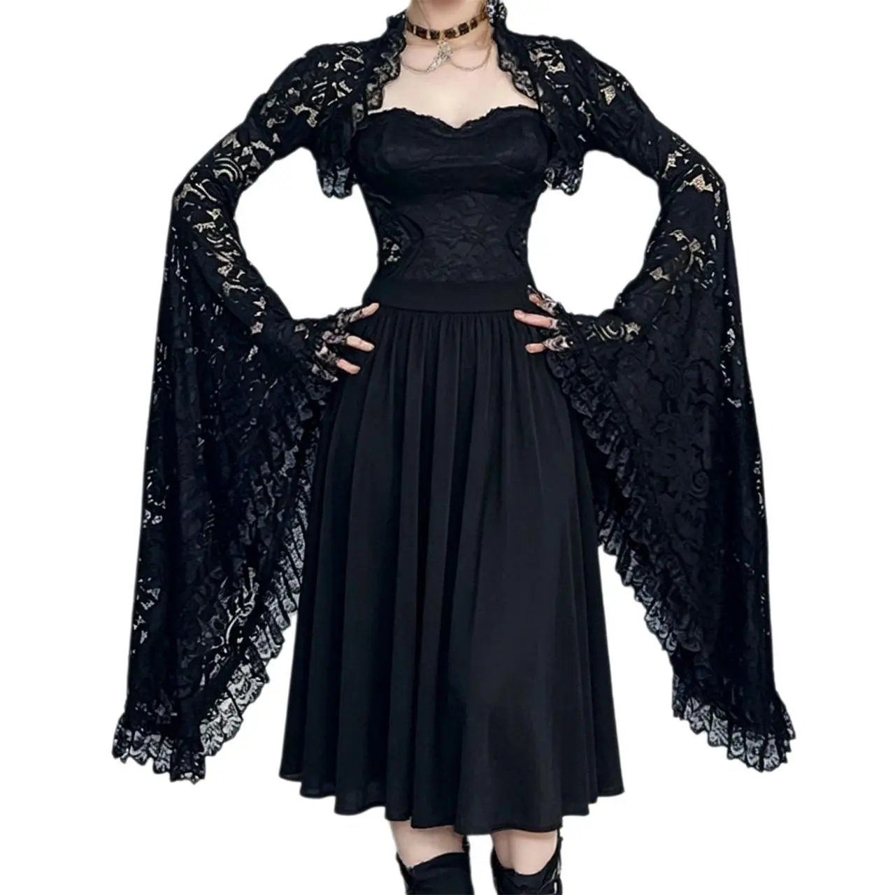 Women's Gothic Victorian Punk Cropped Lace Ruffle Floral See-Through Flared Long Sleeve Black Bolero Cardigan - Knit Top Clothes, Costume for Halloween, Work, Biker, Wedding Bridal Wear Accessories
