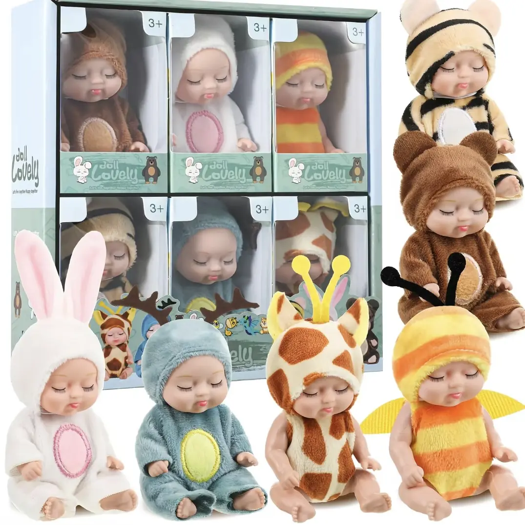 6pcs Animal Theme Bee Doll Set for Small Hands - Unisex Cartoon Mini Dolls with Removable Clothes, Safe Smooth Material, Boosts Imaginative & Social Skills, Ideal for Dress-Up Play, Gifts for Kids Over 3