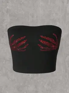 INAWLY Rhinestone Skeleton Hand Pattern Tube Top