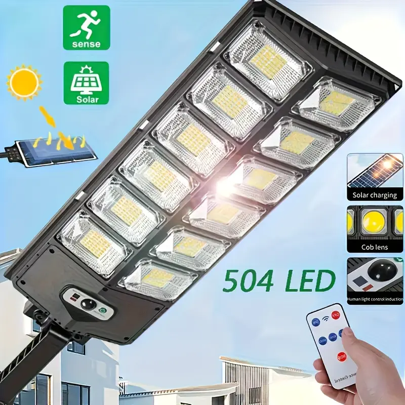504 LED Ultra Bright Solar Street Light, 240° Wide Angle, Large Battery Solar Panel, No Electricity Cost, Motion Sensor, Remote Control, Auto Dusk-On/Off, 3 Lighting Modes, IP65 Waterproof Outdoor  Security Lights Floodlight,farm