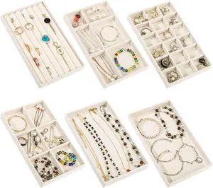 Stackable Jewelry Organizer Trays, 6 Set of Velvet Jewelry Drawer Insert Sets Organizer Trays Jewelry Display Case Storage with Removable Dividers for Earring Necklace Rings Bracelet（Beige）