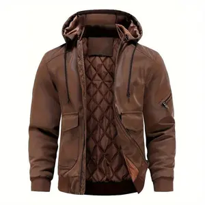 Men's Pu Leather Hooded Jacket, Windproof Waterproof Warm Bomber Jacket For Autumn Winter
