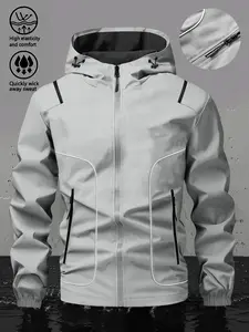 Men's Casual Hooded Waterproof Jacket, Durable Surface Design, Reflective Drawstring, Windproof, Outdoor Adventure, Hiking, Fishing, All Seasons Activewear