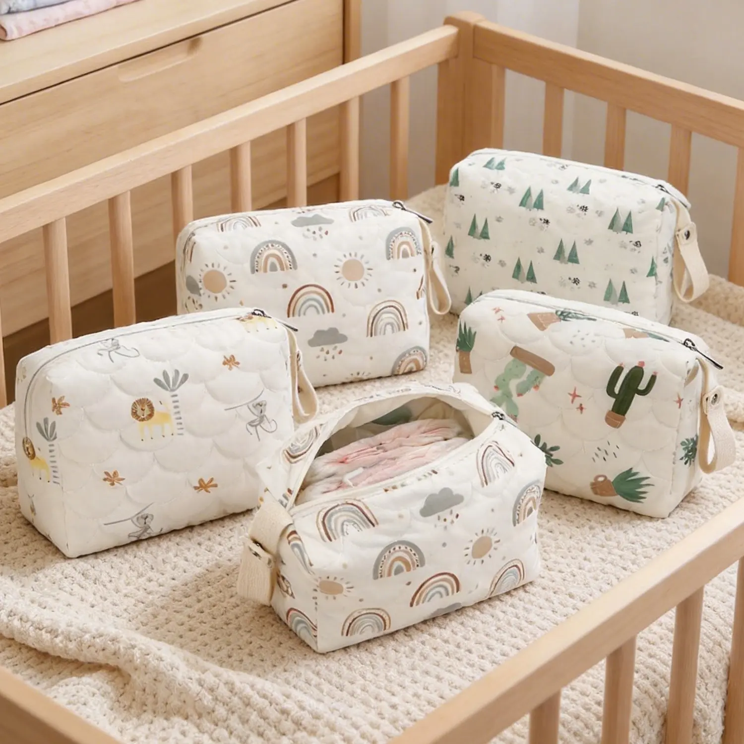 Printed Korean Style Diaper Storage Bag, Baby Wash Kit Organizer, Disposable Diapers Travel Diaper Tote Hanging Bag, Infant Care Essentials, Diaper Bags