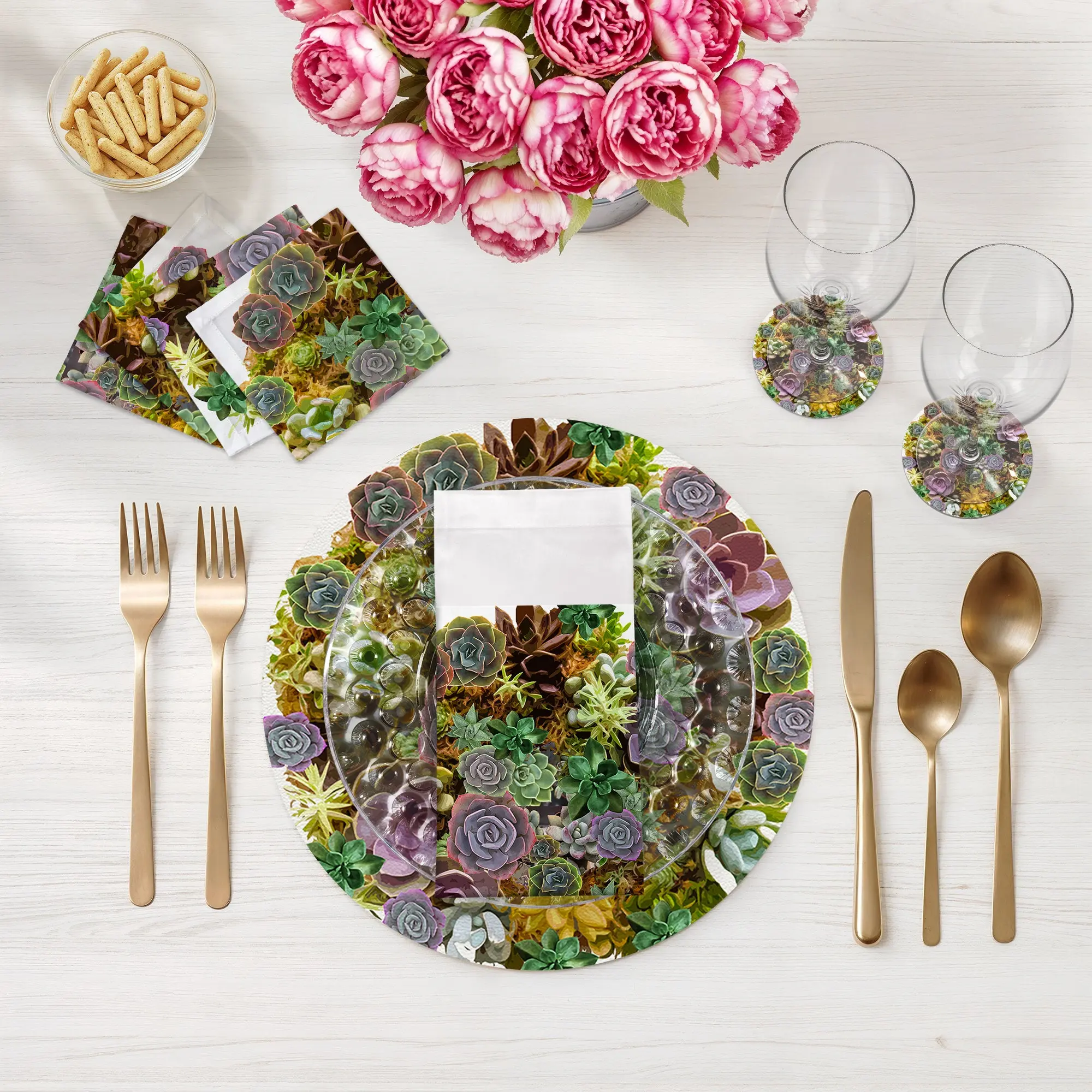 Succulents White Vegan Leather Round Pebble Placemat