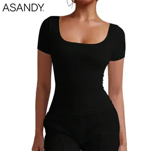 ASANDY Women's Sleek Double-Lined Short Sleeve Square Neck Crop Top, Fitted Casual Yoga Going Out Tee for Summer Sports & Outdoor Wear