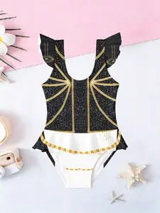 Gold Glitter Egyptian Style Geometric Print Ruffle Edge Swimsuit, Vintage Girls' One-Piece Swimwear, Party Style