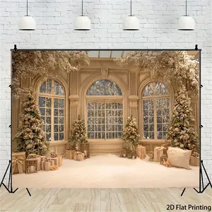1pc 2D Flat Elegant Arched Window Backdrop - Winter Holiday Decor, Beige/Brown/White/Green/Golden Options - Photography Background for Christmas, Halloween, Birthday Parties & Photo Shoots - Ind Banners Ornaments