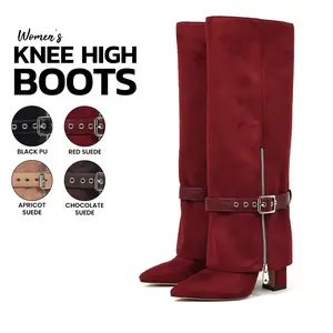 VIMISAOI Womens Knee High Boots Fold Over Pointed Toe Block High Heel Wide Calf Side Zipper Adjustable Buckle Strap Elegant Comfortable Fashion Bohemian Style Party Casual Outing Date Gift Event Concert Western Slouchy Tall Dress Shoes