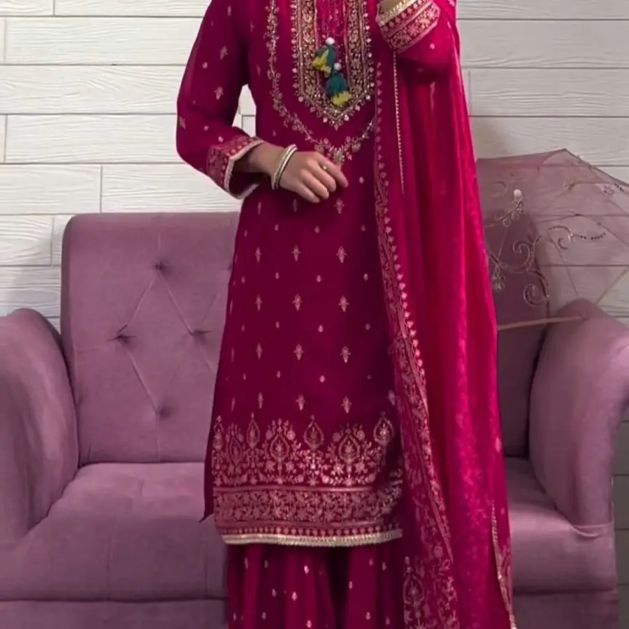 FASHIONABLE CHINON SILK EMBROIDREY SEQUENCE WORK TOP SHARARA WITH DUPATTA