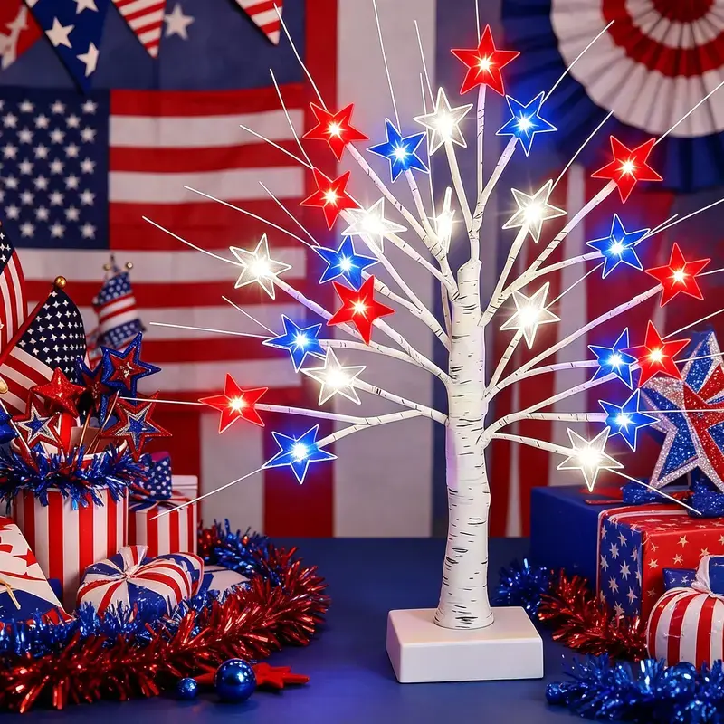 Set of 1 or 2, July 4th National Day, Independence Day, red, white, and blue star design, holiday decorative lights, 24 LEDs, party and gathering decorations, powered by either USB or battery pack, Memorial Day