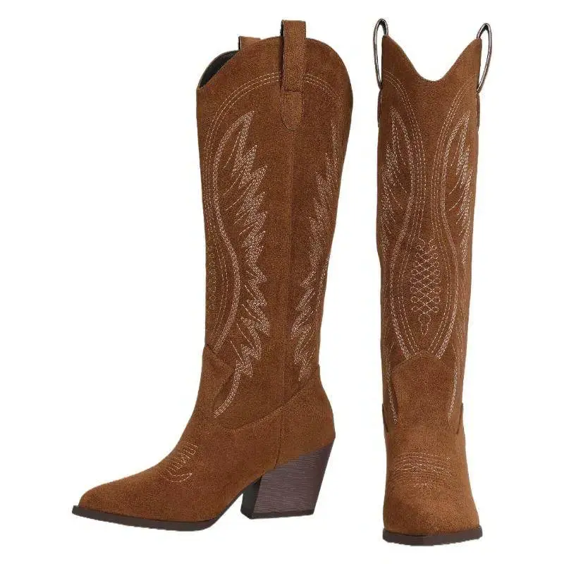 Women's Embroidered Knee-High Western Cowboy Boots - Suede-Like Upper Footwear, Pointed Toe, Block Heel, Pull-On Design