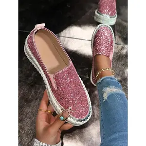 Women’s Elegant Sequin Slip-On Non-Slip Flats, Comfortable TPR Sole, All-Season Fashion Sneakers, Metal Toe Detail