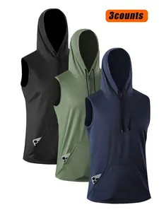 Men's Solid Pocket Hooded Sports Tank Top, Casual Sleeveless Sports Singlet for Gym Workout Running, Men's Clothing for All Seasons, Sleeveless Workout Vest