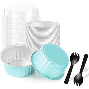 25 count Round Mini Loaf Pans with Lids,Mini Cake Pans with Lids,Disposable Ramekins Baking Cups Muffin Tins Cupcake Cups for Wedding Birthday Party,5oz (Blue)