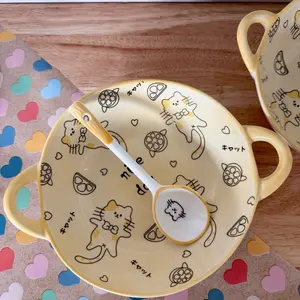 Kawaii Cute Cat Design Salad Cereal Bowl Dessert Breakfast Fruit Bowl with Handles