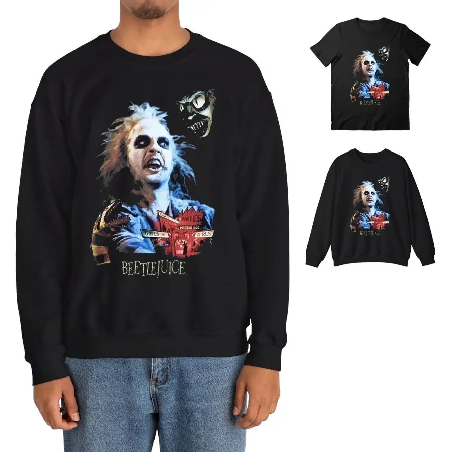 Movie Beetlejuice Beetlejuice Portrait Collage Movie Tee, Retro Black Shirt, Halloween Men's Sweatshirt, One Side, Unisex Menswear Top, Heavy Cotton Fabric