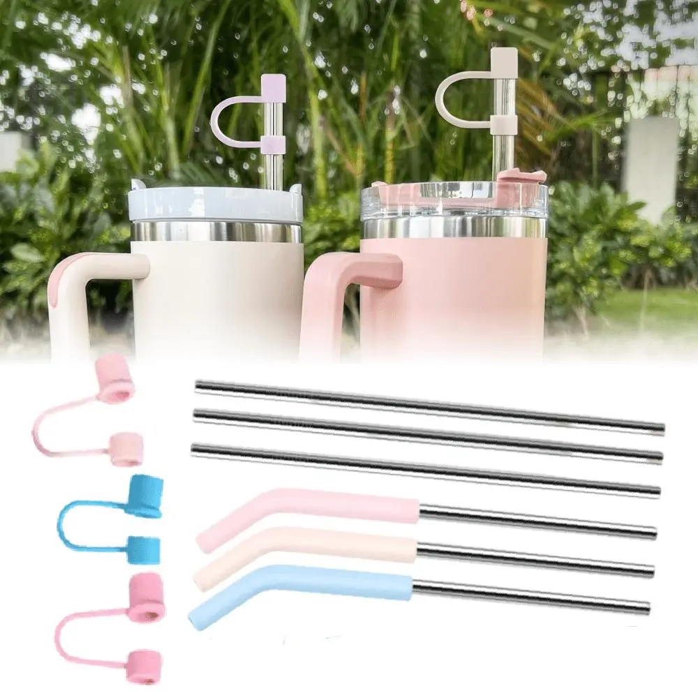 1Set Straws with Cover for Stanley Tumbler, Reusable Stainless Steel Straws with Silicone Stoppers, Perfect for Stanley 40 oz Accessories (12 Inch 3 Straight and 3 Bent Straws Fit 40 oz)