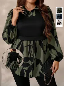 Plus Size Floral Leaf Print Two-In-One Top Blouse, Casual Long Sleeve Bishop Sleeves, Fashionable Fall/winter Women's Clothing