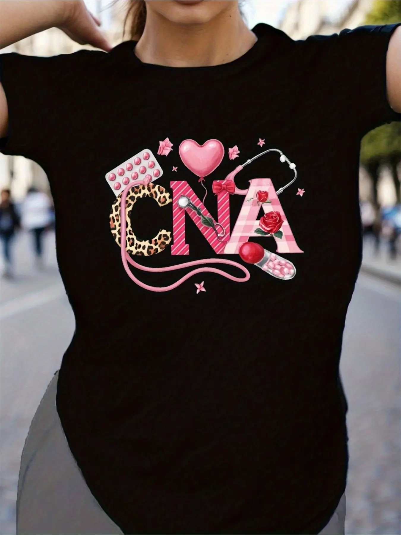Women's Retro Leopard CNA Print T-Shirt - Short Sleeve Casual Blouse Top with CNA Lettering, Machine Washable Fit Shirt Suitable for Seasons, Gift for Healthcare Workers & CNA Apparel